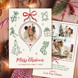 Tarjeta Festiva Hand-Drawn Doodle Green Red Photo Merry Christmas