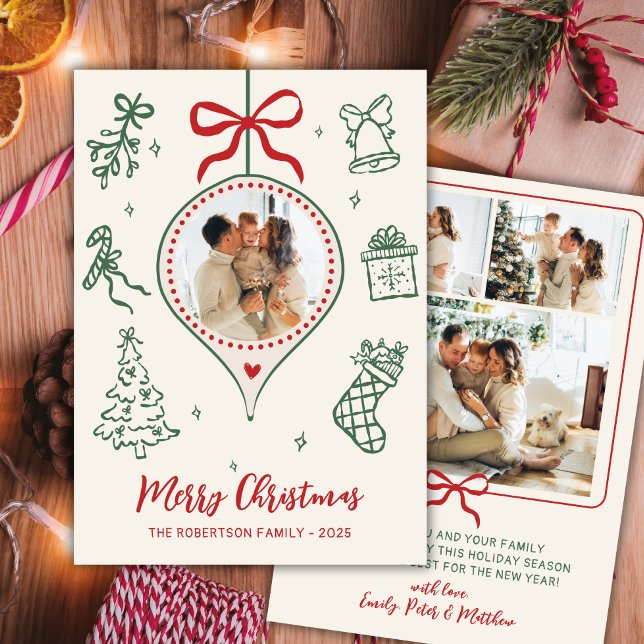 Tarjeta Festiva Hand-Drawn Doodle Green Red Photo Merry Christmas (Subido por el creador)