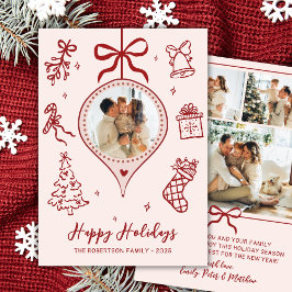 Tarjeta Festiva Hand-Drawn Doodle Pink Red Photo Christmas Happy