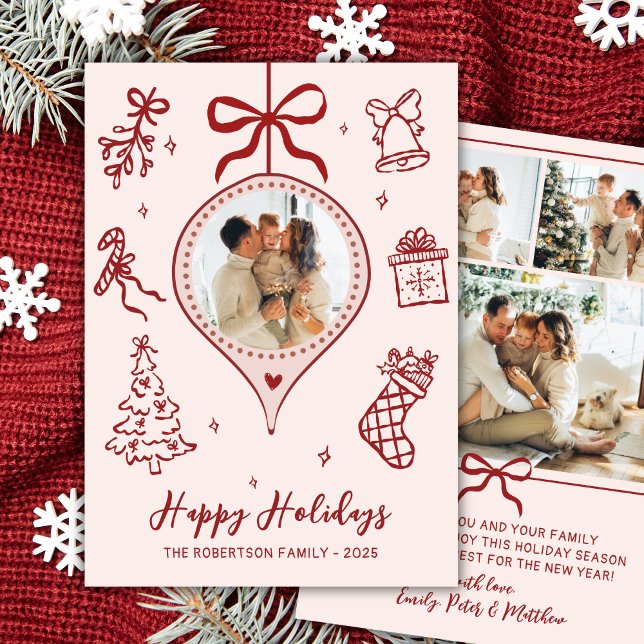 Tarjeta Festiva Hand-Drawn Doodle Pink Red Photo Christmas Happy (Subido por el creador)