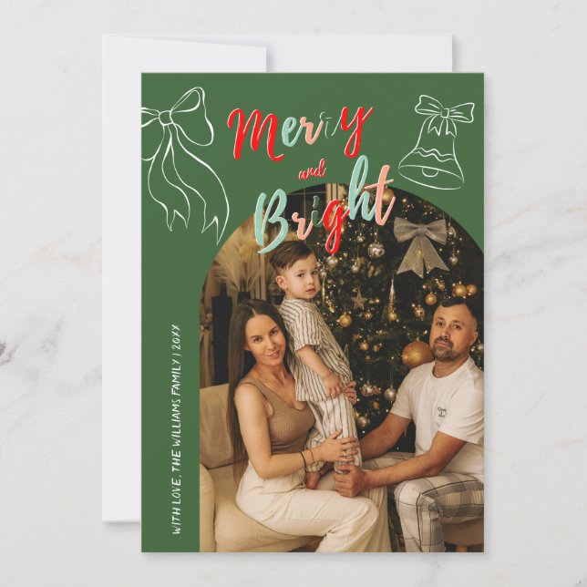 Tarjeta Festiva Hand Drawn Merry and Bright Arch Photo Christmas (Anverso)