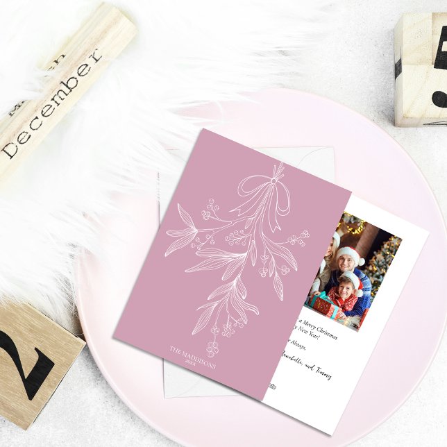 Tarjeta Festiva Hand Drawn Mistletoe & Bow Christmas Pink (Subido por el creador)