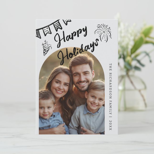 Tarjeta Festiva Hand Drawn Modern Happy Holidays Arch Photo (Anverso de pie)