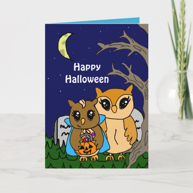 Tarjeta Festiva Hand Drawn Personalizado Owls Saludos de Halloween (Anverso)