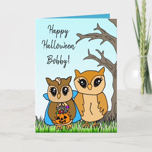 Tarjeta Festiva Hand Drawn Personalizado Owls Saludos de Halloween (Anverso)