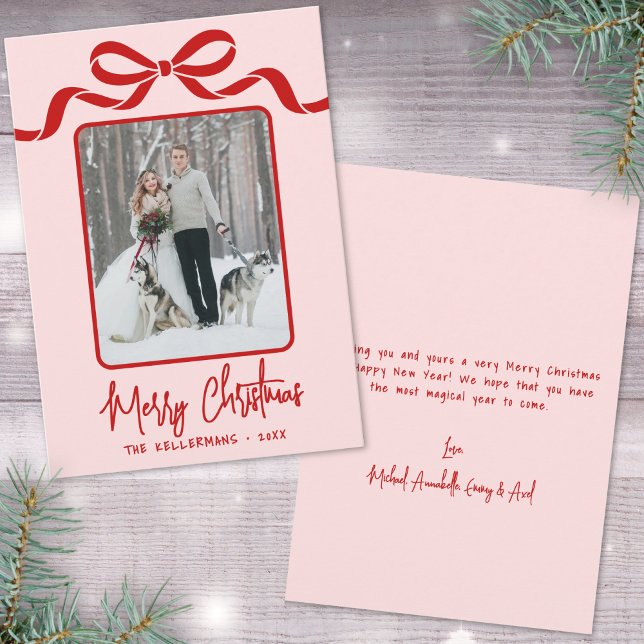 Tarjeta Festiva Hand Drawn Pink Red Whimsical Christmas (Hand Drawn Pink Red Whimsical Christmas Holiday Card)