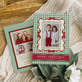 Tarjeta Festiva Hand Drawn Red Bow Green Plaid Christmas Photo