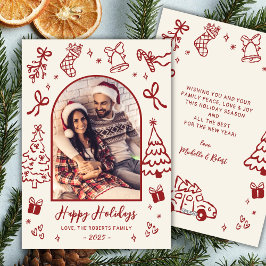 Tarjeta Festiva Hand-Drawn Red Doodle Arch Photo Christmas Happy 