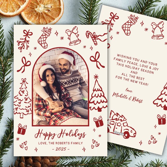 Tarjeta Festiva Hand-Drawn Red Doodle Arch Photo Christmas Happy  (Subido por el creador)