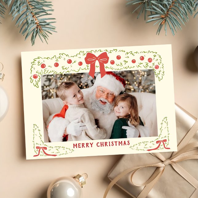 Tarjeta Festiva Hand Drawn Red Green Bow Christmas Holiday Card (Subido por el creador)