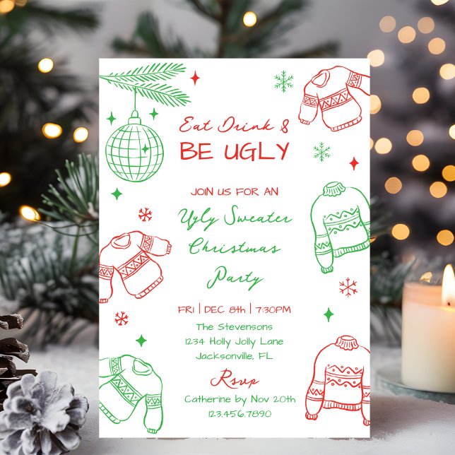 Tarjeta Festiva Hand Drawn Red Green Ugly Sweater Christmas Party (Subido por el creador)