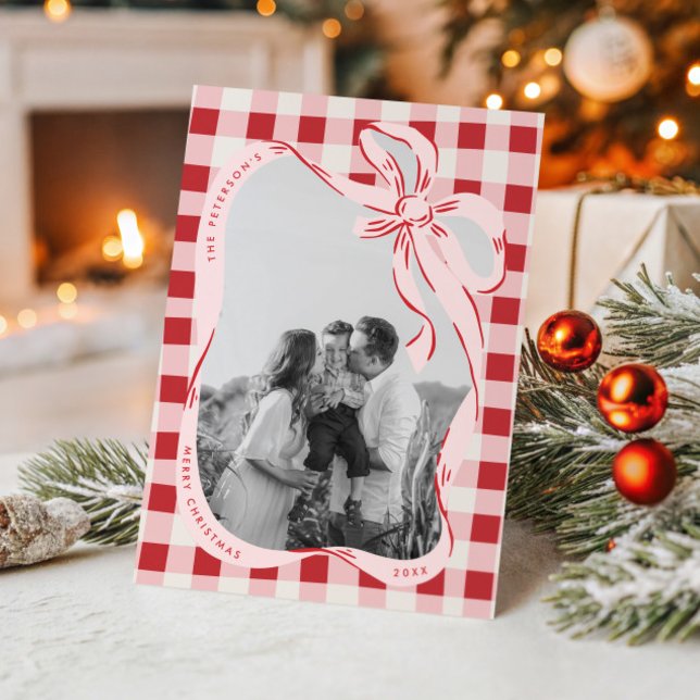 Tarjeta Festiva Hand Drawn Red & Pink Family Photo Christmas Card (Subido por el creador)
