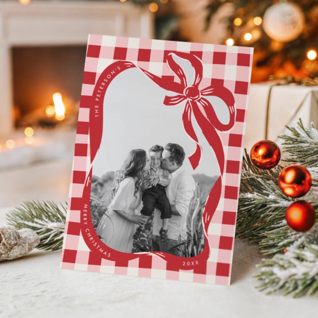 Tarjeta Festiva Hand Drawn Red & Pink Family Photo Christmas Card (Subido por el creador)