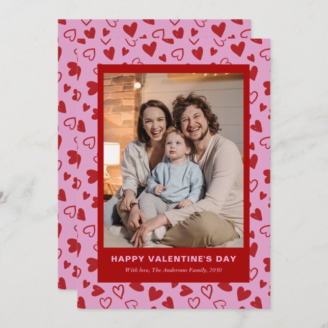 Tarjeta Festiva Hand Drawn Red Pink Hearts Photo Valentines Day (Anverso / Reverso)