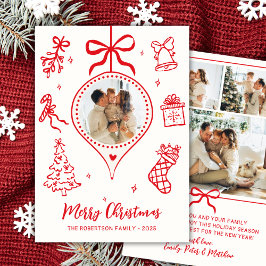 Tarjeta Festiva Hand-Drawn Red White Doodle Photo Merry Christmas