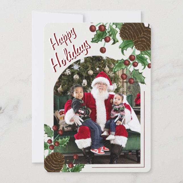 Tarjeta Festiva Hand Drawn Rustic Pinecone & Holly Christmas Photo (Anverso)