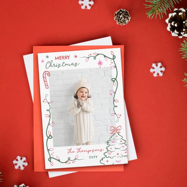 Tarjeta Festiva Hand-Drawn String Lights & Tree Merry Christmas (Subido por el creador)