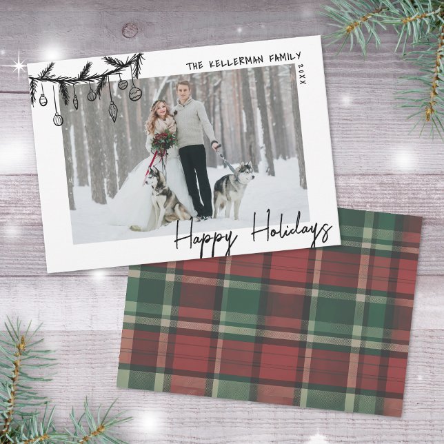 Tarjeta Festiva Hand Drawn Tartan Whimsical Happy (Hand Drawn Tartan Whimsical Happy Holiday Card)
