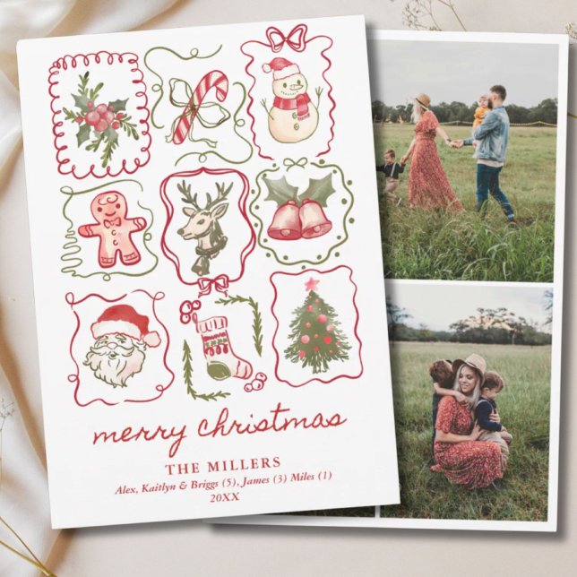 Tarjeta Festiva Hand Drawn Watercolor Doodle Christmas 3 Photo (Hand Drawn Watercolor Doodle Christmas 3 Photo Holiday Card
)