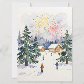 Tarjeta Festiva Hand-Drawn Watercolor Winter Village Celebration 