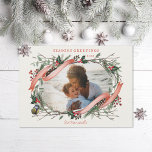 Tarjeta Festiva Hand Illustrated Snowy Winter Branches Ivory<br><div class="desc">Ramas de invierno dibujadas a mano,  frondas de pino y hueso con bayas rojas y pájaro a acento. Centro fotográfico; el color del fondo es personalizable</div>