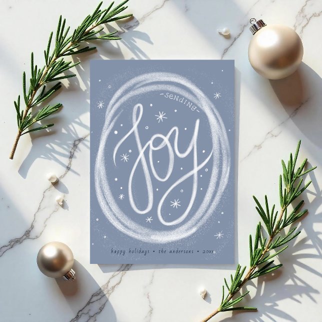 Tarjeta Festiva Hand-lettered Joy- Non-Photo Flat Holiday Card (Hand-lettered Joy card with swirling snow. )