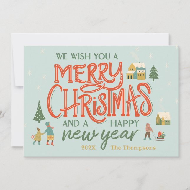 Tarjeta Festiva Hand Lettered Merry Christmas Village (Anverso)