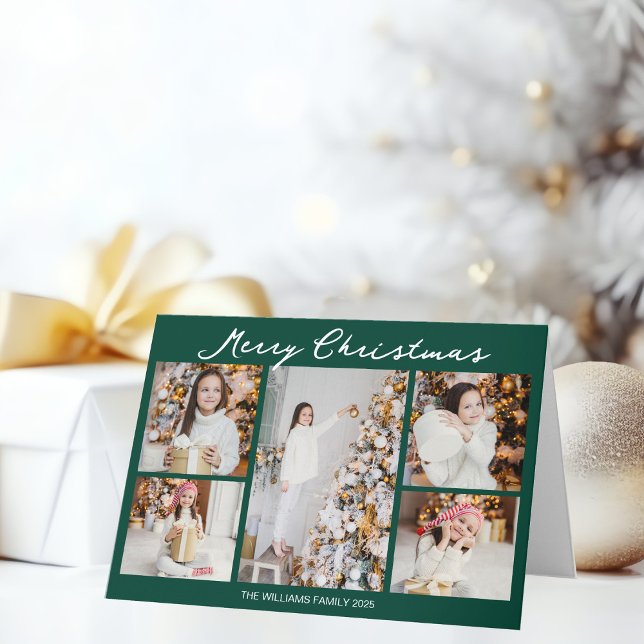 Tarjeta Festiva Handwritten Merry Christmas Green Photo Collage (Subido por el creador)