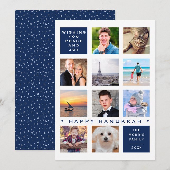 Tarjeta Festiva Hanukkah 12 Photo Modern Personalizado Collage (Anverso / Reverso)