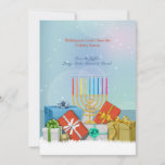 Tarjeta Festiva Hanukkah and Christmas Holiday Card<br><div class="desc">Celebrating Hanukkah and Christmas at your house? Here is a holiday card made just for you. It features presents and a menorah with a snowy base and a dazzling background. Menorah by Vecteezy. The card is easy to customize with your wording, font, font color, paper shape options and choice of...</div>