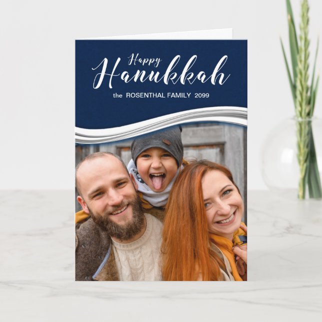 Tarjeta Festiva Hanukkah azul y blanco con tu foto y nombre (Anverso)