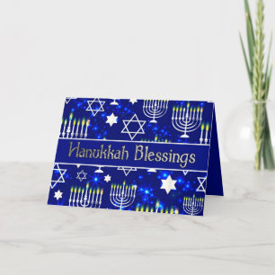 Tarjeta Festiva Hanukkah Bendición Menorah Azul y Plata
