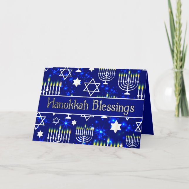 Tarjeta Festiva Hanukkah Bendición Menorah Azul y Plata (Anverso)