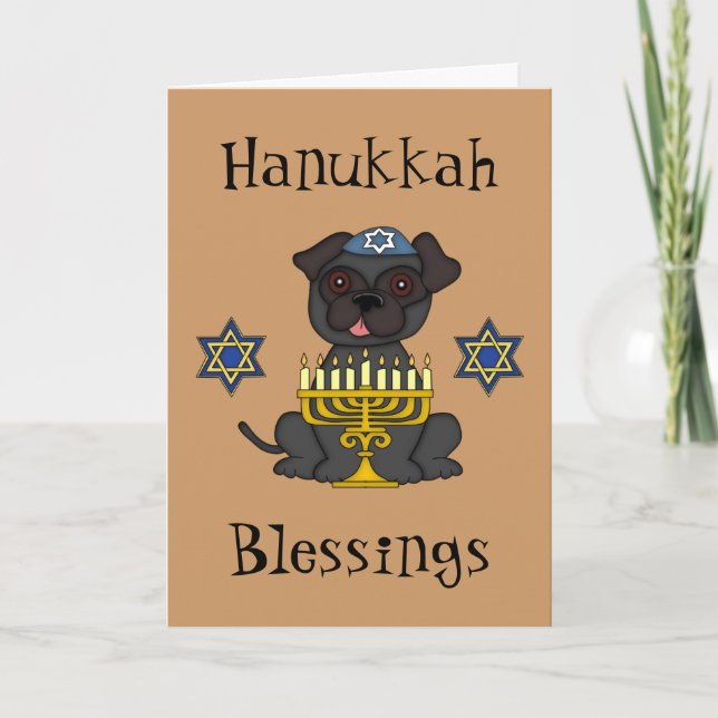 Tarjeta Festiva Hanukkah bendiciones-cute pug con Menorah (Anverso)