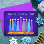 Tarjeta Festiva Hanukkah Blue Boho Pattern Vela Paz Luz de amor<br><div class="desc">"Paz, amor y luz". Un ilustracion juguetón, moderno y artístico de velas de patrón boho en una menorah te ayuda a iniciar las vacaciones de Hanukkah. Las variadas velas azules con coloridos patrones de Relieve metalizado falsos superponen un fondo rico y azul profundo con texturas. Relieve metalizado falso de patrón...</div>