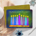 Tarjeta Festiva Hanukkah Blue Boho Velas de Paz Verde Luz de Amor<br><div class="desc">"Paz, amor y luz". Un ilustracion juguetón, moderno y artístico de velas de patrón boho en una menorah te ayuda a iniciar las vacaciones de Hanukkah. Las variadas velas azules con coloridos estampados de Relieve metalizado falso cubren un fondo rico y verde y texturado. Relieve metalizado falso de patrón de...</div>