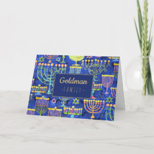 Tarjeta Festiva Hanukkah Blue Gold Menorah Star de David