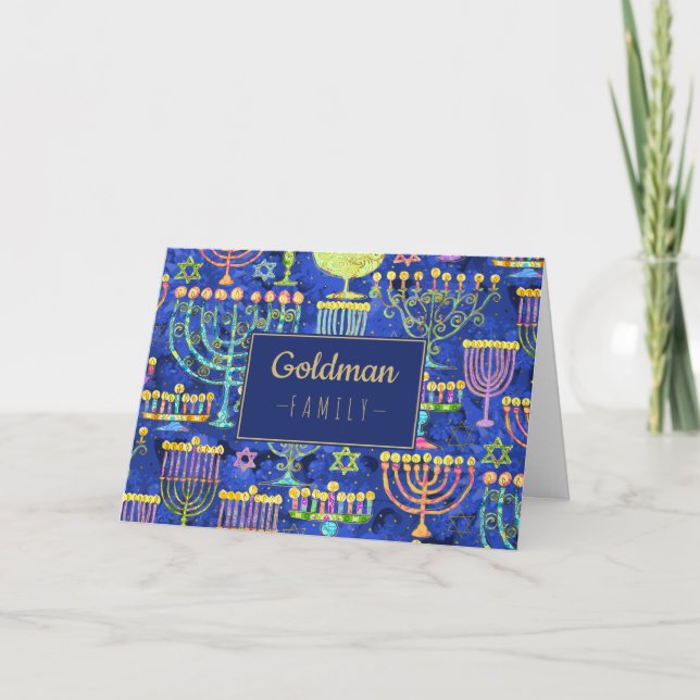 Tarjeta Festiva Hanukkah Blue Gold Menorah Star de David (Anverso)