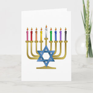 Tarjeta Festiva Hanukkah Candles Rainbow Gold Menorah