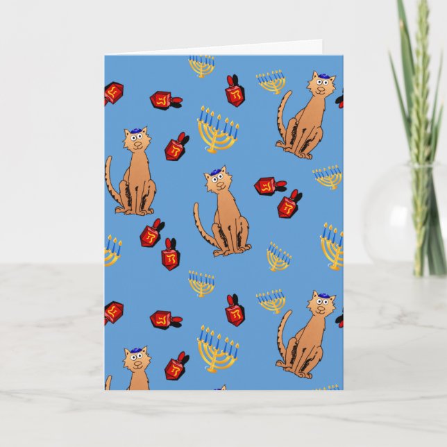 Tarjeta Festiva Hanukkah Cat Dreidel Blue Holiday Card (Anverso)