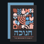 Tarjeta Festiva Hanukkah Chanukah Festividad de símbolos judíos mo<br><div class="desc">Tarjeta de patrón geométrico moderno Hanukkah / Chanukah. Menorah, Dreidel, Donuts, Stars & Olive oil... Están todos aquí. Símbolos Hebreos y Judíos Hanukkah Espacio para agregar tu texto personalizado al frente y al revés. Felices deseos de Hanukkah. El hebreo en el frente dice "Chanukah". Esta hermosa y lujosa mirada es...</div>