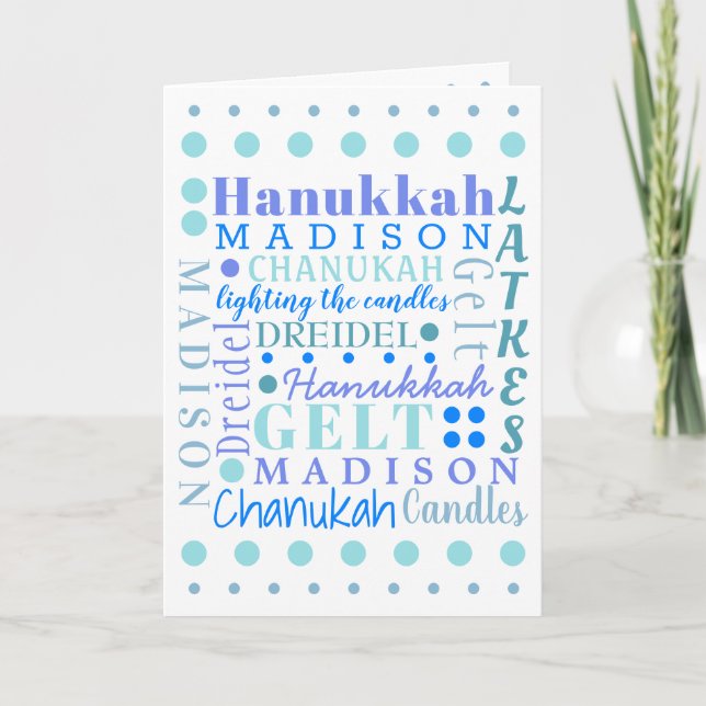 Tarjeta Festiva Hanukkah Collage Light Blue Guay Chiles Nombre (Anverso)