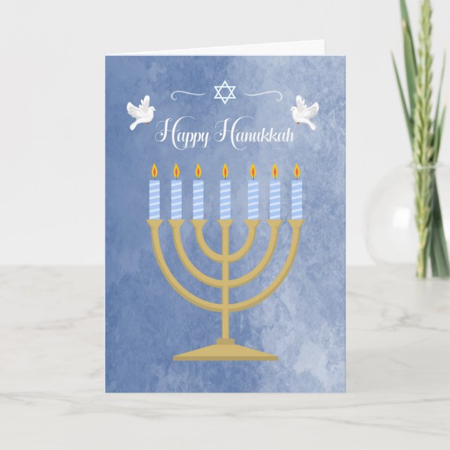 Tarjeta Festiva Hanukkah con Menorah y palomas blancas (Anverso)