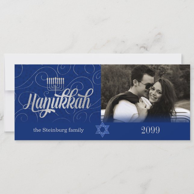 Tarjeta Festiva Hanukkah desea Personalizado año azul y plata foto (Anverso)