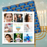 Tarjeta Festiva Hanukkah Familia Collage de fotos Azul Oro<br><div class="desc">Un simple collage de fotos familiares de esta tarjeta personal de saludo de Hanukkah. El diseño también incluye un adorno dorado. Al revés,  el Menorrah está decorado con un fondo azul. Cambia fácilmente las fotos para tus propias imágenes personales.</div>