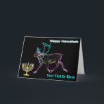 Tarjeta Festiva Hanukkah feliz - Caribou eléctrico<br><div class="desc">Saludos de Chanukkah del Frozen Chosen. Una renderización brillante,  parecida a un neón,  de un caribú,  también conocido como reno. Una menorah de Chanukkah aparece junto con un texto que dice "Feliz Hanukkah". Añade tu propio texto adicional. Inspirado por las auroras boreales.</div>