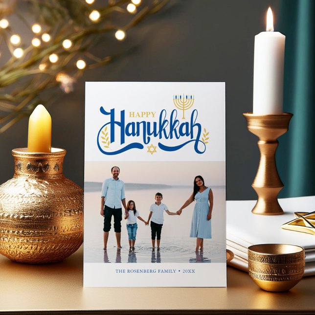 Tarjeta Festiva "Hanukkah feliz" oro Menorah (Subido por el creador)