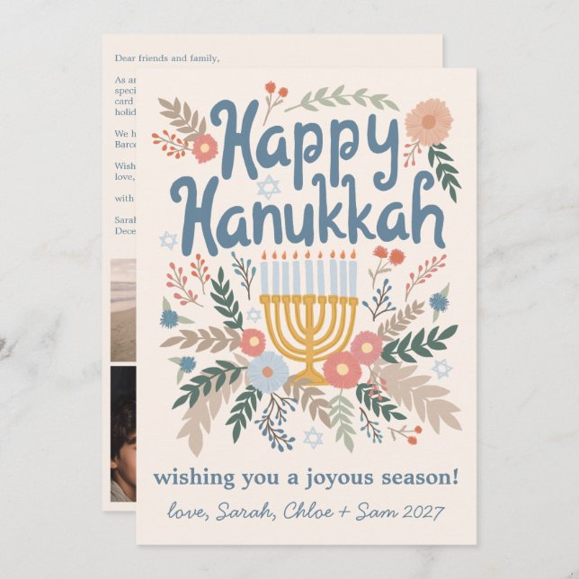 Tarjeta Festiva Hanukkah FLorals PERSONALIZADO de arte dibujado a  (Anverso / Reverso)