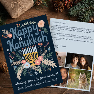 Tarjeta Festiva Hanukkah FLorals PERSONALIZADO de arte dibujado a 