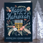 Tarjeta Festiva Hanukkah FLorals PERSONALIZADO de arte dibujado a<br><div class="desc">¡Dulce dibujo para desear a alguien unas vacaciones felices! Haga clic en "personalizar" para cambiar el texto en el interior y en el frente. También puedes cambiar colores y fuentes, todo es personalizable. También disponible en mi tienda en diferentes colores y estilo, como postales, tarjetas planas, y como descarga digital...</div>
